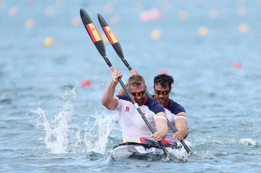 Carlos Arevalo and Rodrigo Germade of Team Spain compete during the Mens Kayak Double 500m Final