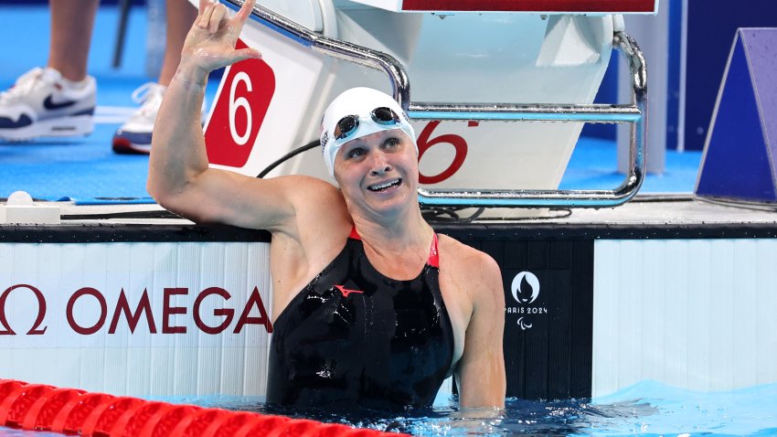 Christie Raleigh-Crossley of Team United States gestures following the Women's 50m Freestyle - S10 Heats on day one of the Paris 2024 Summer Paralympic Games.