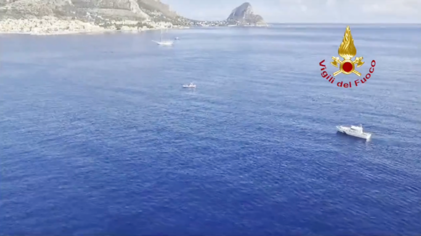 This picture taken from video released by the Italian Firefighters on Monday, Aug. 19, 2024, show the stretch of Sea near Palermo, Sicily, in southern Italy, where the sail yacht Bayasian under UK flag sank early Monday.