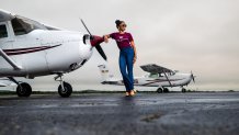Portrait of Torion Lewis at the local Denton airport. She will be one of students in the new Doswell School of Aeronautical Sciences.