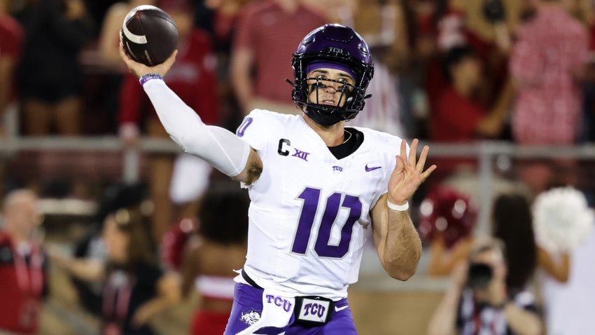 Aug 30, 2024; Stanford, California, USA; TCU Horned Frogs quarterback Josh Hoover (10) throws a pass during the second quarter against the Stanford Cardinal at Stanford Stadium. (Mandatory Credit: Sergio Estrada-USA TODAY Sports)