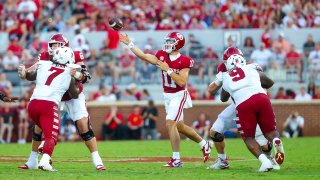 Aug 30, 2024; Norman, Oklahoma, USA;  Oklahoma Sooners quarterback Jackson Arnold (11) throws during the first half against the Temple Owls at Gaylord Family-Oklahoma Memorial Stadium. (Mandatory Credit: Kevin Jairaj-USA TODAY Sports)