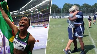 See the emotional moment Navy football player learned his sister won an Olympic gold.