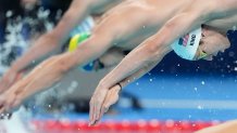 Jul 27, 2024; Nanterre, France; Matt King (USA) in the men’s 4 x 100-meter freestyle relay preliminary heats during the Paris 2024 Olympic Summer Games at Paris La Défense Arena. Mandatory Credit: Grace Hollars-USA TODAY Sports