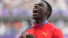 Bronze medalist Lindon Victor (GRN) reacts during the medal ceremony for the decathlon during the Paris 2024 Olympic Summer Games at Stade de France. Mandatory Credit: Kirby Lee-USA TODAY Sports