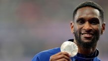 Silver medalist Shelby McEwen (USA) during the medal ceremony for the men's high jump during the Paris 2024 Olympic Summer Games at Stade de France. Mandatory Credit: Andrew Nelles-USA TODAY Sports