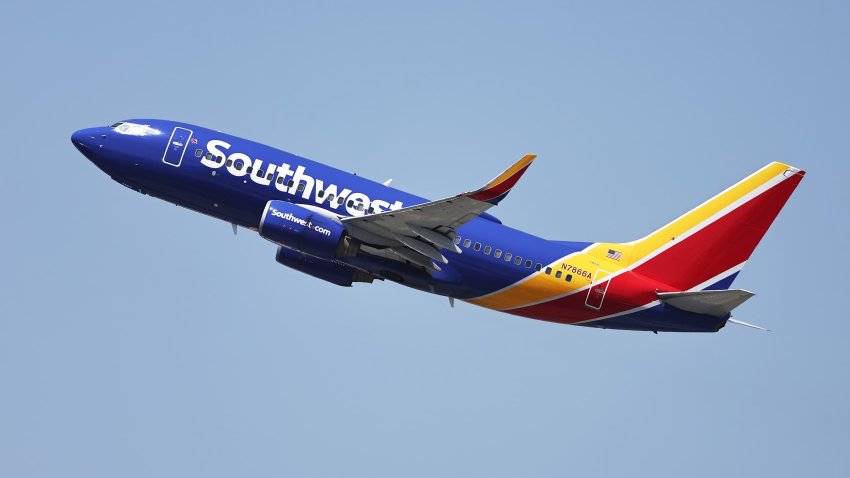 A Southwest Airlines plane takes off from Hollywood Burbank Airport on July 25, 2024 in Burbank, California. 