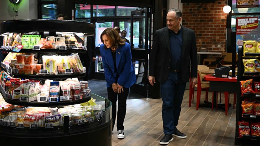 Democratic presidential candidate Vice President Kamala Harris and her husband, Doug Emhoff, stop at a Sheetz gas station in Coraopolis, Pennsylvania, on Aug. 18, 2024.