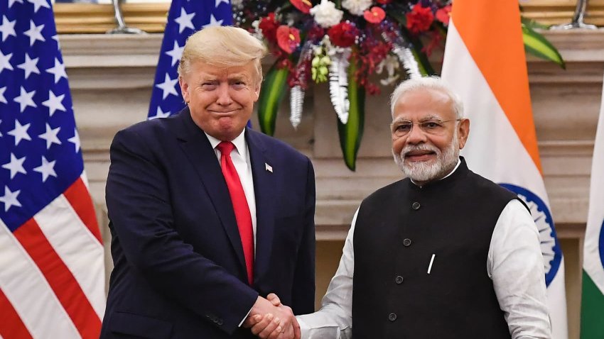 India’s Prime Minister Narendra Modi shakes hands with former U.S. President Donald Trump before a meeting at Hyderabad House in New Delhi on February 25, 2020.