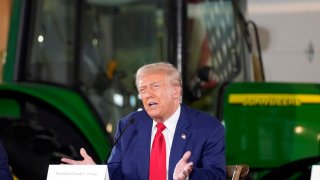 Republican presidential nominee former President Donald Trump speaks at a campaign event at a farm, Monday, Sept. 23, 2024, in Smithton, Pennsylvania.