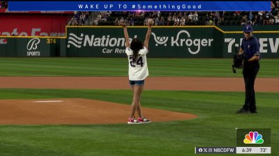 Olympic champion Hezly Rivera flips before Rangers first pitch