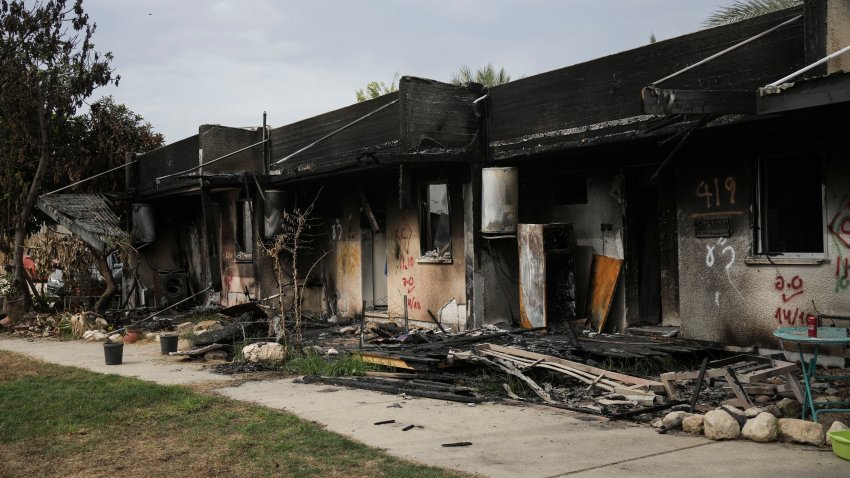 View of houses damaged during the Hamas attack in Kibbutz Kfar Azza, Israel, Friday, Oct. 27, 2023. The Kibbutz was attacked on Oct. 7.