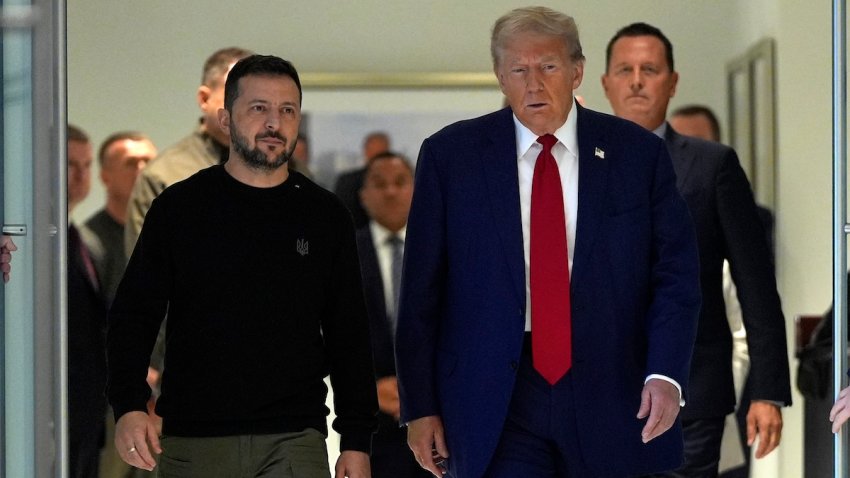 Republican presidential nominee former President Donald Trump meets with Ukraine’s President Volodymyr Zelenskyy at Trump Tower, Friday, Sept. 27, 2024, in New York.