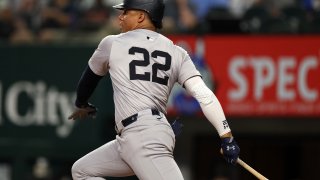 ARLINGTON, TX – SEPTEMBER 2: Juan Soto #22 of the New York Yankees singles against the Texas Rangers in the sixth inning at Globe Life Field on September 2, 2024 in Arlington, Texas.