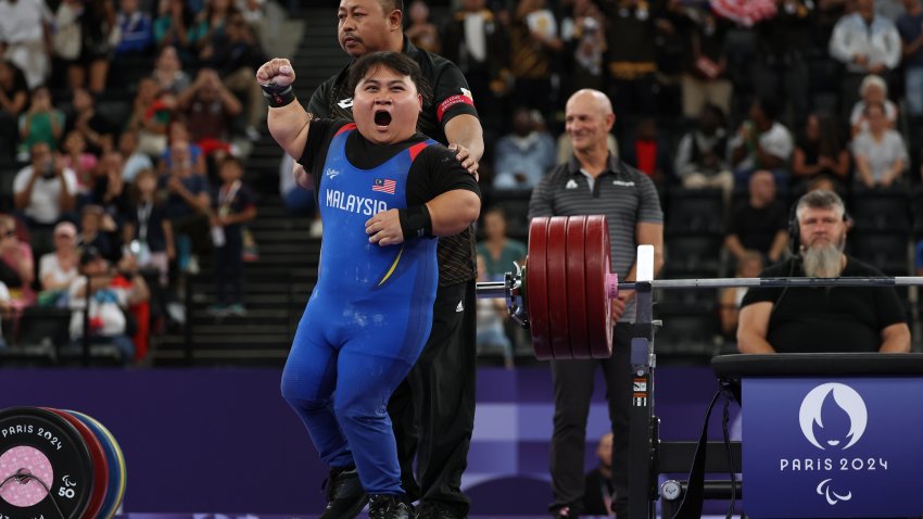 Gold medalist, Bonnie Bunyau Gustin of Team Malaysia celebrates following the Men's up to 72JG Final day nine of the Paris 2024 Summer Paralympic Games.