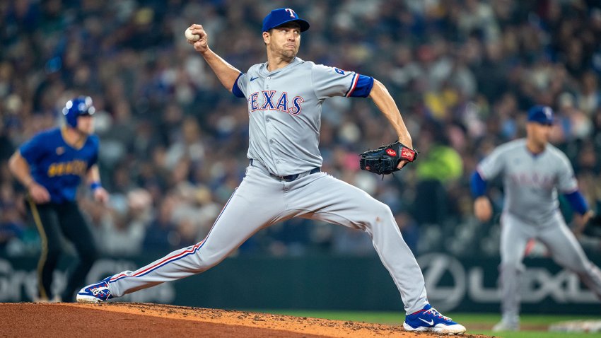 Sep 13, 2024; Seattle, Washington, USA;  Texas Rangers starter Jacob deGrom (48) delivers a pitch during the second inning against the Seattle Mariners at T-Mobile Park. (Mandatory Credit: Stephen Brashear-Imagn Images)