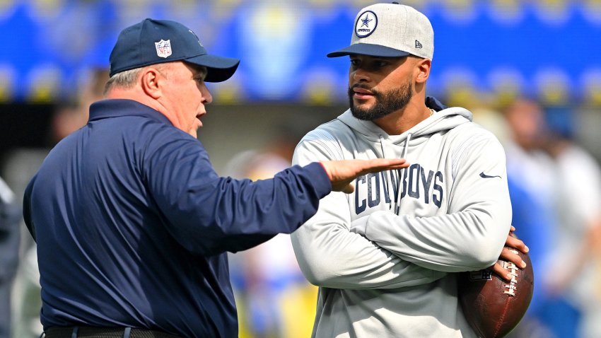 Oct 9, 2022; Inglewood, California, USA; Dallas Cowboys head coach Mike McCarthy talks with quarterback Dak Prescott (4) on the field prior to the game against the Los Angeles Rams at SoFi Stadium. (Mandatory Credit: Jayne Kamin-Oncea-USA TODAY Sports)