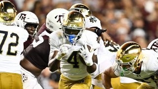 Aug 31, 2024; College Station, Texas, USA; Notre Dame Fighting Irish running back Jeremiyah Love (4) breaks free and runs the ball into the end zone for a touchdown in the fourth quarter against the Texas A&M Aggies at Kyle Field. (Mandatory Credit: Maria Lysaker-USA TODAY Sports)