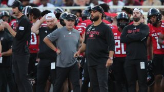 Aug 31, 2024; Lubbock, Texas, USA;  Texas Tech Red Raiders head coach Joey McGuire on the sidelines in the first half during the game against the Abilene Christian Wildcats at Jones AT&T Stadium and Cody Campbell Field. (Mandatory Credit: Michael C. Johnson-USA TODAY Sports)