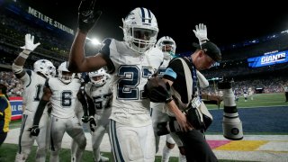 Sep 26, 2024; East Rutherford, New Jersey, USA; Dallas Cowboys cornerback Amani Oruwariye (27) celebrates his interception during the fourth quarter against the New York Giants at MetLife Stadium.