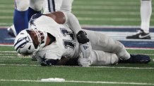 Sep 26, 2024; East Rutherford, New Jersey, USA;  Dallas Cowboys linebacker Micah Parsons (11) injured in the second half against the New York Giants at MetLife Stadium.