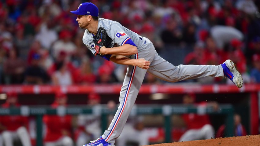 Sep 27, 2024; Anaheim, California, USA; Texas Rangers pitcher Jacob deGrom (48) throws against the Los Angeles Angels during the first inning at Angel Stadium. Mandatory Credit: Gary A. Vasquez-Imagn Images