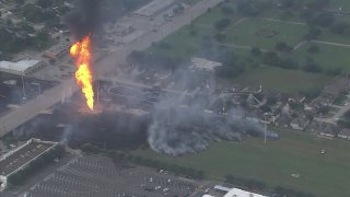 A pipeline exploded and caught fire in Houston, Texas, on Monday, Sept. 16, 2024, sparking grassfires and leading to an evacuation.