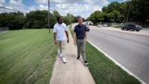 Taylor Toynes, with For Oak Cliff community center, left, talks with NBC 5 Investigates Senior Investigative Reporter Scott Friedman, right, about speeds on Ledbetter/Loop 12.