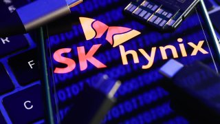 SK Hynix logo displayed on a phone screen as seen in this illustration photo taken in Krakow, Poland on January 30, 2023.