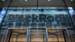 Marquee at the main entrance to BlackRock headquarters building in Manhattan.