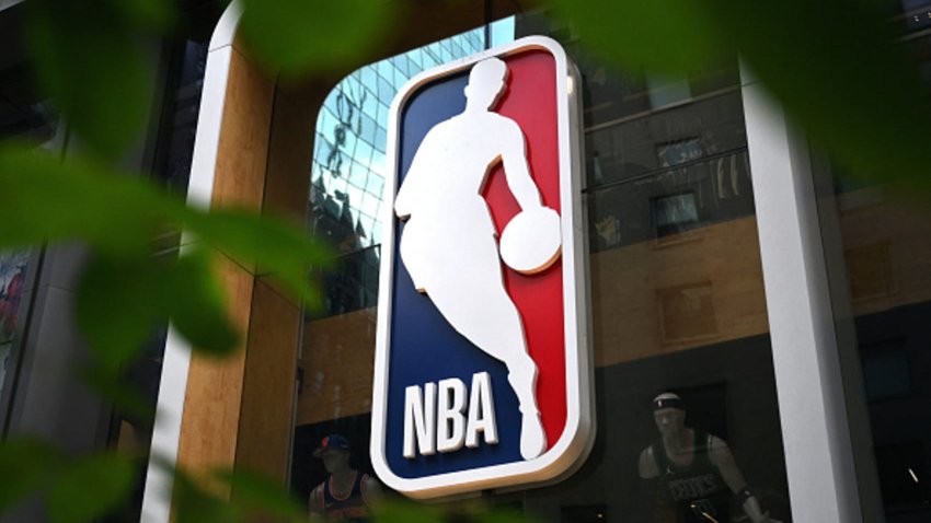 The NBA logo is seen outside an NBA store in New York on July 8, 2024.