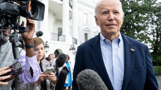 US President Joe Biden speaks to the media prior to departing on Marine One from the South Lawn of the White House in Washington, DC, on October 3, 2024, as he travels to Florida and Georgia to view damage from Hurricane Helene.