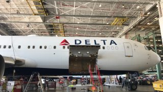 A Delta aircraft at the airline’s hangar in Atlanta