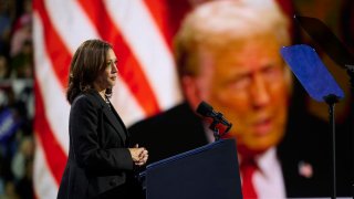 Vice President and Democratic presidential candidate Kamala Harris speaks at a campaign event at the Erie Insurance Arena in Erie, Pennsylvania, on October 14, 2024. 