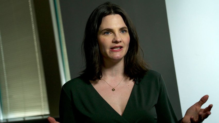 Nina Jankowicz, a disinformation expert and vice president at the Centre for Information Resilience, gestures during an interview with AFP in Washington, DC, on March 23, 2023.