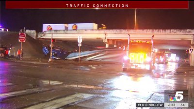 18-wheeler dangling from overpass on I-35W in Fort Worth