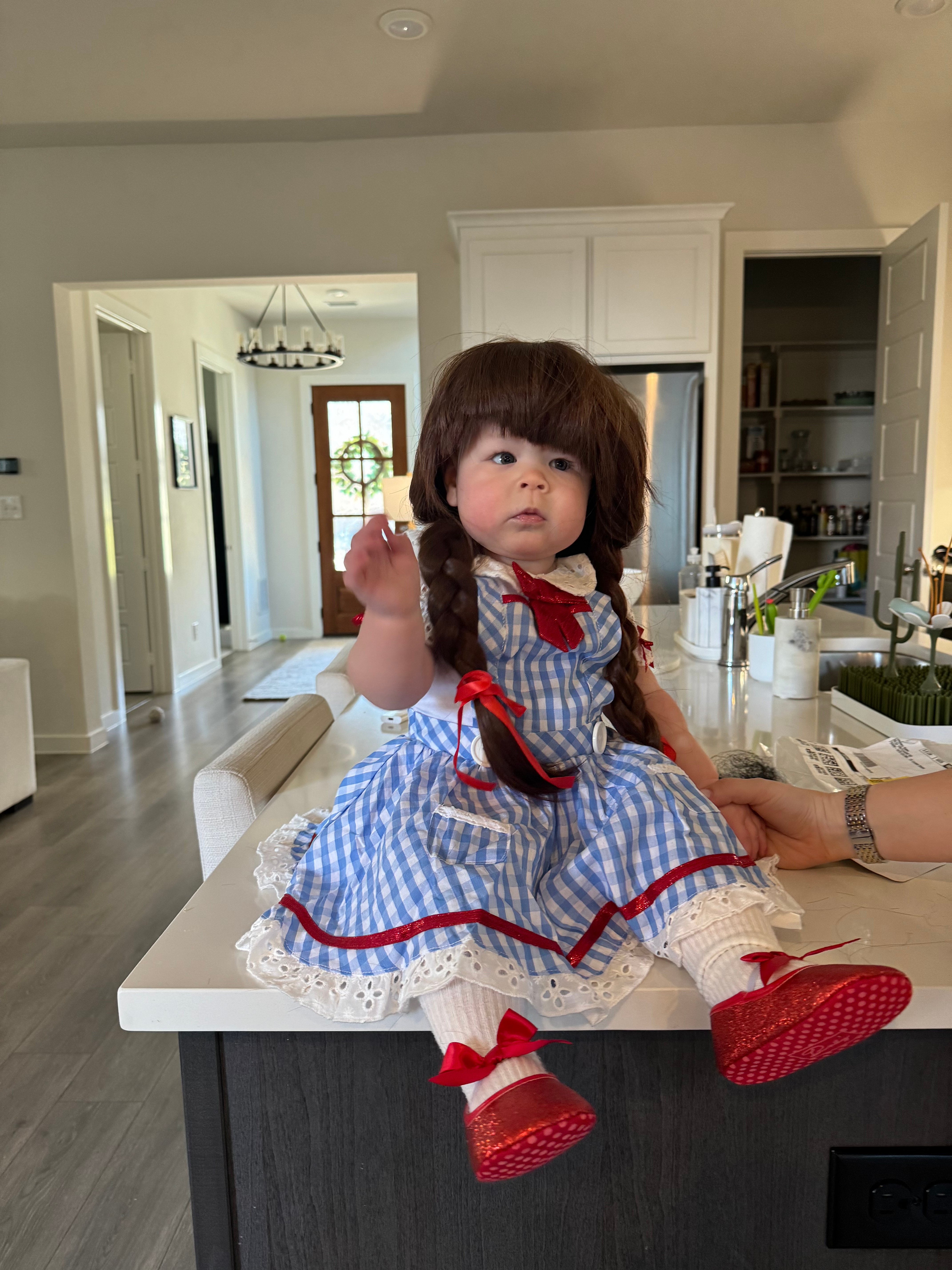 Hi! I’m Lindsey Baker in Prosper! This is our baby Bridget who turns one year old on Saturday as Dorothy! There is zero hair under that wig 😂 
I watch ya’ll every morning while I’m getting her bottles/house set for the day!