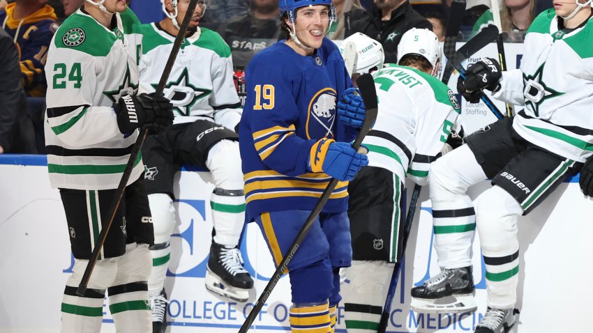 Buffalo Sabres center Peyton Krebs (19) celebrates his goal during the second period of an NHL hockey game against the Dallas Stars, Tuesday, Oct. 22, 2024, in Buffalo, N.Y. (AP Photo/Jeffrey T. Barnes)