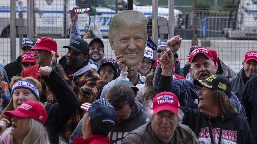 Supporters of Republican presidential nominee former President Donald Trump gather for his campaign rally outside Madison Square Garden, Sunday, Oct. 27, 2024, in New York. (AP Photo/Yuki Iwamura)