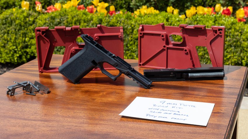 FILE - A 'ghost gun' kit is seen in the Rose Garden at the White House during an event on gun violence on April 11, 2022, in Washington, D.C.