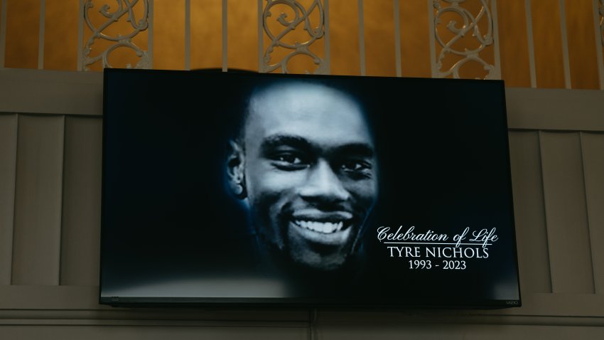 A screen at the entrance of Mississippi Boulevard Christian Church displays the celebration of life for Tyre Nichols on February 1, 2023 in Memphis,