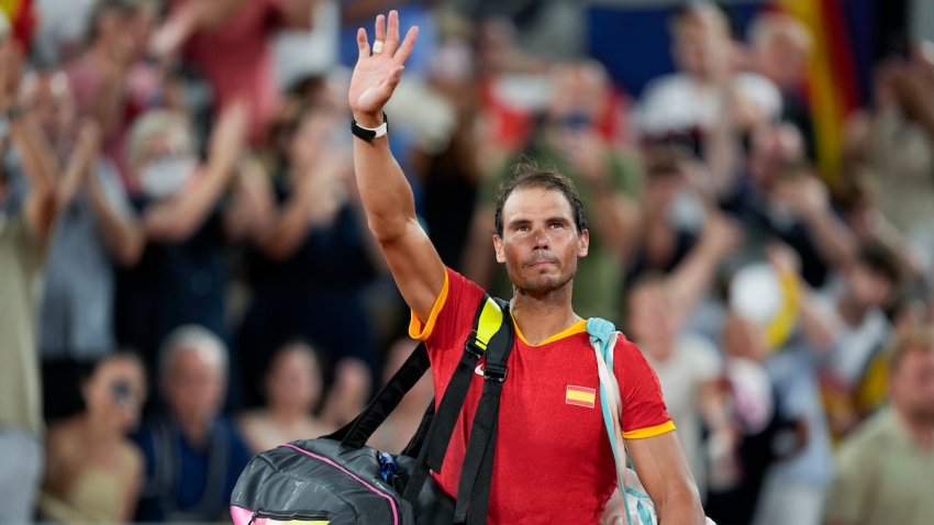 Rafael Nadal of Spain waves to the crowd after losing in the Men’s Double Quarterfinal on day five of the Olympic Games Paris 2024 at Roland Garros on July 31, 2024 in Paris, France.