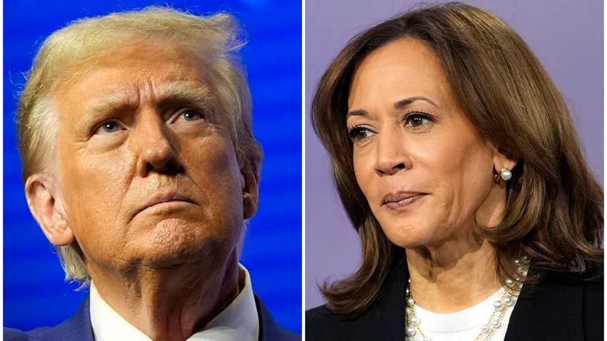 FILE - This combination of images shows Republican presidential nominee former President Donald Trump and Democratic presidential nominee Vice President Kamala Harris at separate campaign events Wednesday, Oct. 23, 2024, in Duluth, Ga., and Aston, Pa., respectively.