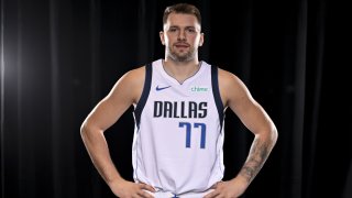 Sep 30, 2024; Dallas, TX, USA; Dallas Mavericks guard Luka Doncic (77) poses for a photo during the 2024 Dallas Mavericks media day.