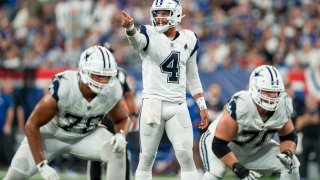 Sep 26, 2024; East Rutherford, NJ, US; Dallas Cowboys quarterback Dak Prescott (4) calls out the defense prior to the snap of the ball at MetLife Stadium. Mandatory Credit: Julian Guadalupe-NorthJersey.com