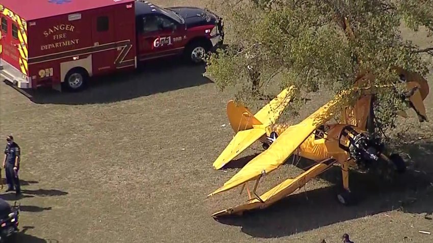 A biplane crashed into a tree after touching down at Bar VK Airpark near Sanger Friday, Oct. 4, 2024.