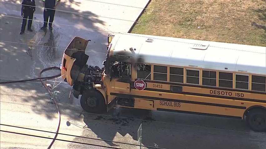 A school bus caught fire in DeSoto, Texas on Friday, Oct. 25, 2024.