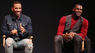 LeBron James, right, and Maverick Carter participate in a Q and A after the premiere of the STARZ original series “Survivor’s Remorse” in Los Angeles.