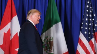 US President Donald Trump arrives to deliver a statement along with Mexican President Enrique Pena Nieto and Canadian Prime Minister Justin Trudeau, on the signing of a new free trade agreement in Buenos Aires, on November 30, 2018, on the sidelines of the G20 Leaders’ Summit.