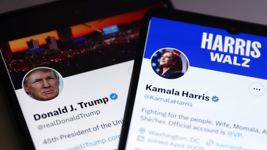 Kamala Harris and Donald J. Trump social media sites on X, formerly known as Twitter, are displayed on mobile phones screens for illustration photo. 